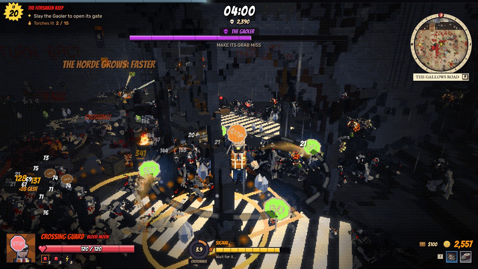 Four minutes into a run: Crossing Guard holds a zebra crossing against the horde while the Gaoler's health bar fills the top of the screen