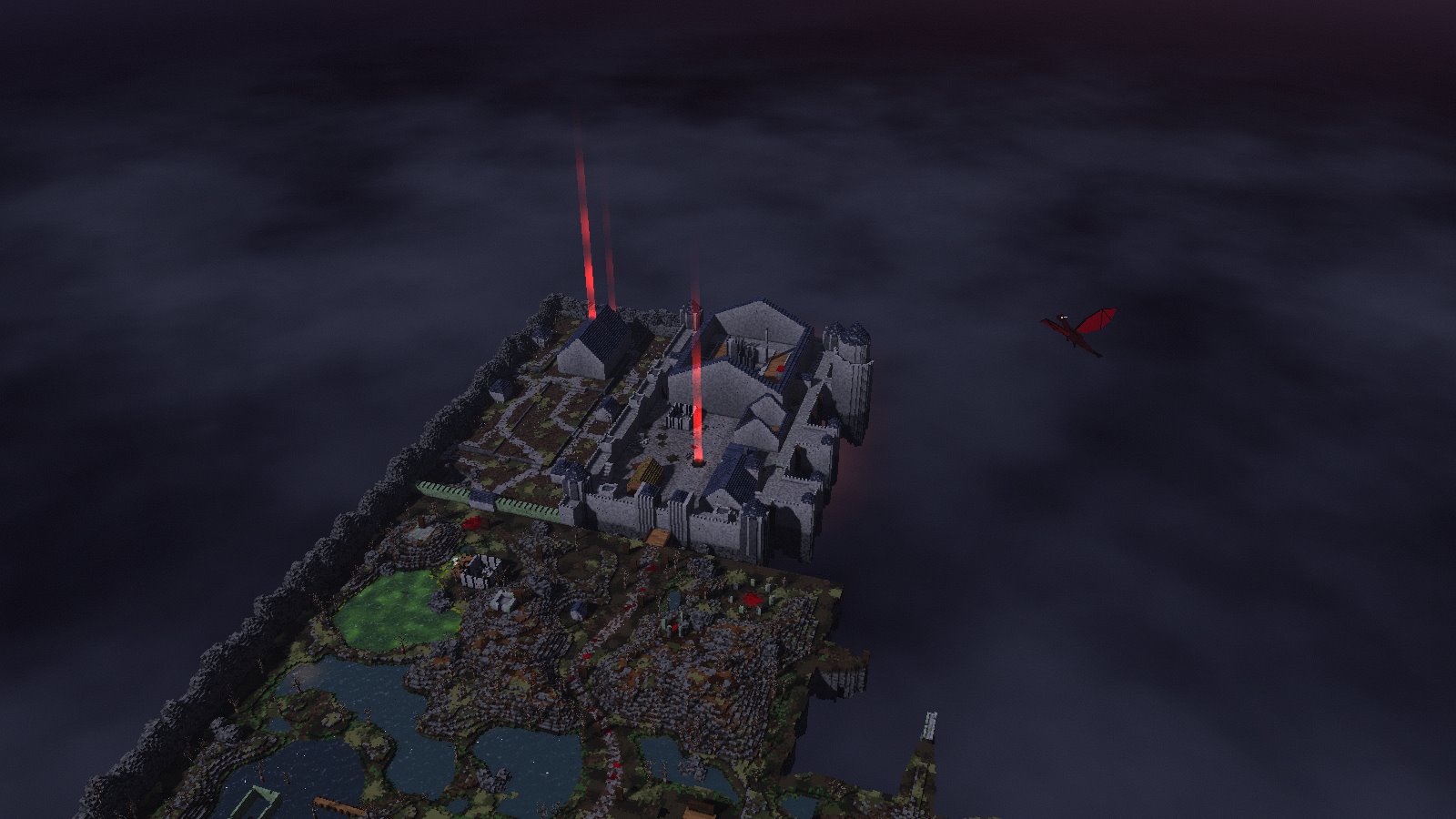 The Forsaken Keep as a 3D voxel map, the castle behind the dead wood, the Blood Seals' red beams rising over it and the dragon circling